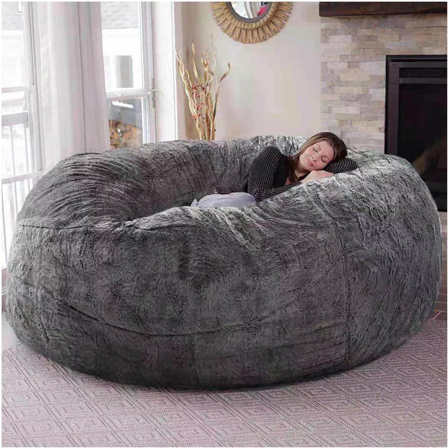 Flyhug Giant Fur Bean Bag Chair for Adult Living Room Furniture Big Round Soft Fluffy Faux Fur BeanBag (No Padding) Lazy Sofa Bed Cover(Color:Grey,Size:5.5ft)