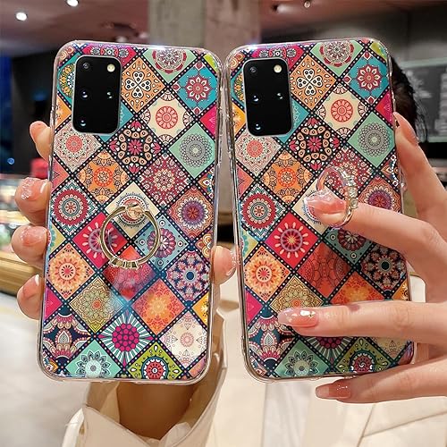 Miniatura 4 de Funda para teléfono Samsung Galaxy S20 Plus con soporte de anillo dorado para niñas y mujeres, linda flor étnica, estilo retro, floral, delgada, a