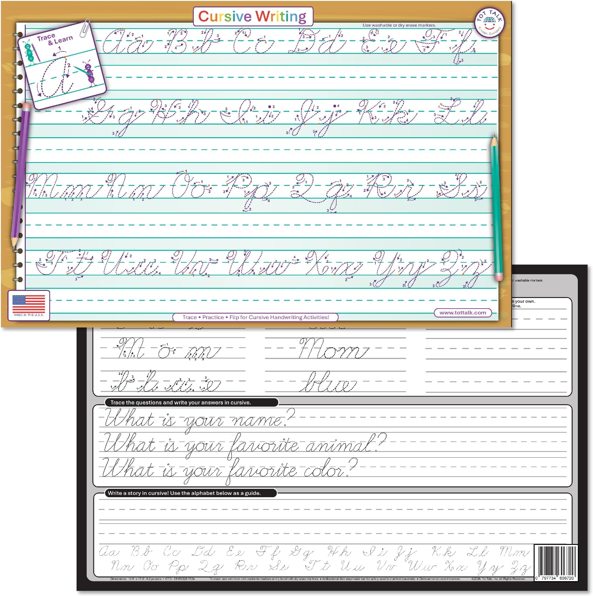 Tot Talk Write in Cursive Activity Educational Placemat for Kids, Washable and Long-Lasting, Double-Sided, Made in The USA