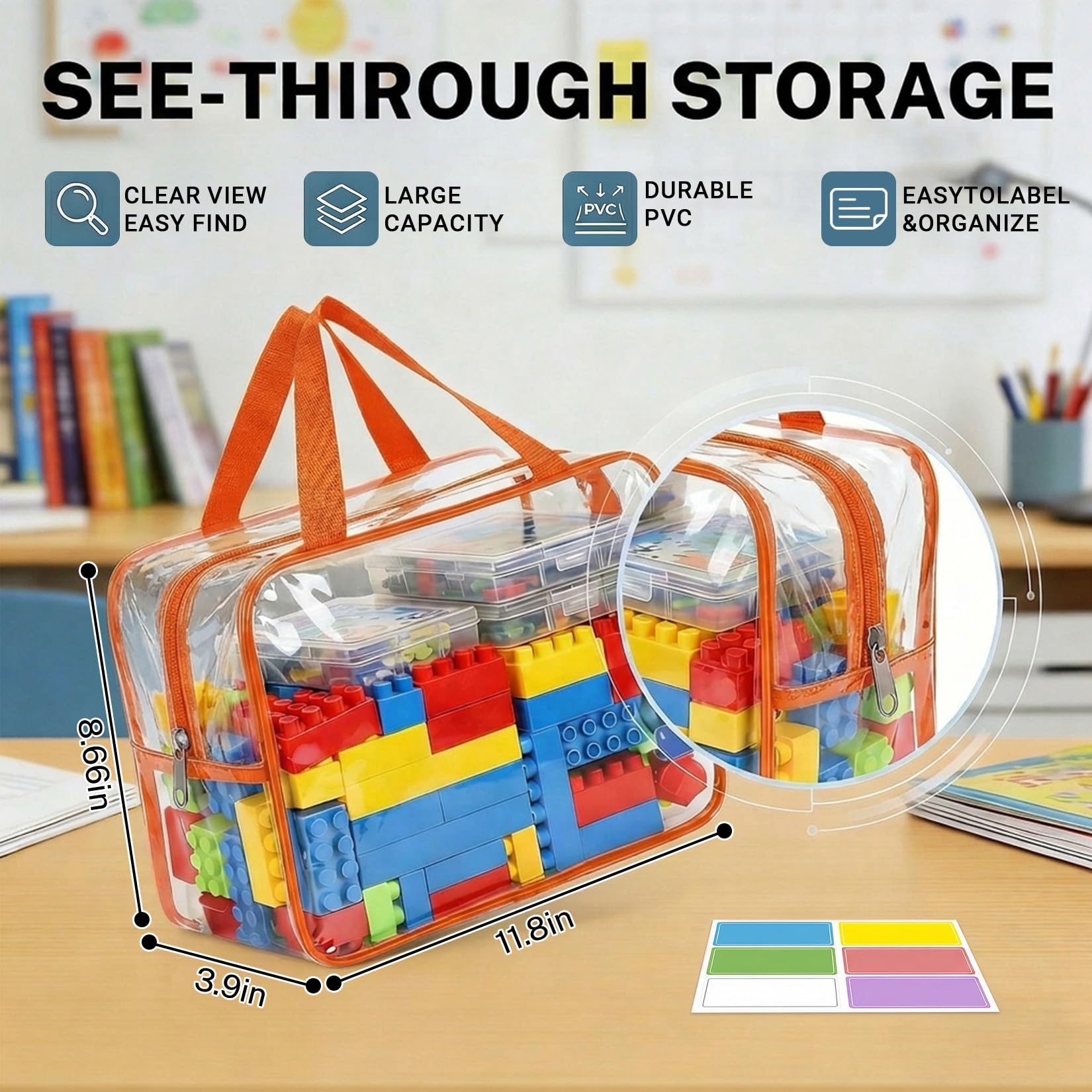 Confezione da 6 sacchetti grandi per giocattoli, riutilizzabili, in PVC trasparente, con cerniera, impermeabili, organizer da viaggio, per puzzle, blocchi da costruzione, giochi da tavolo, libri per