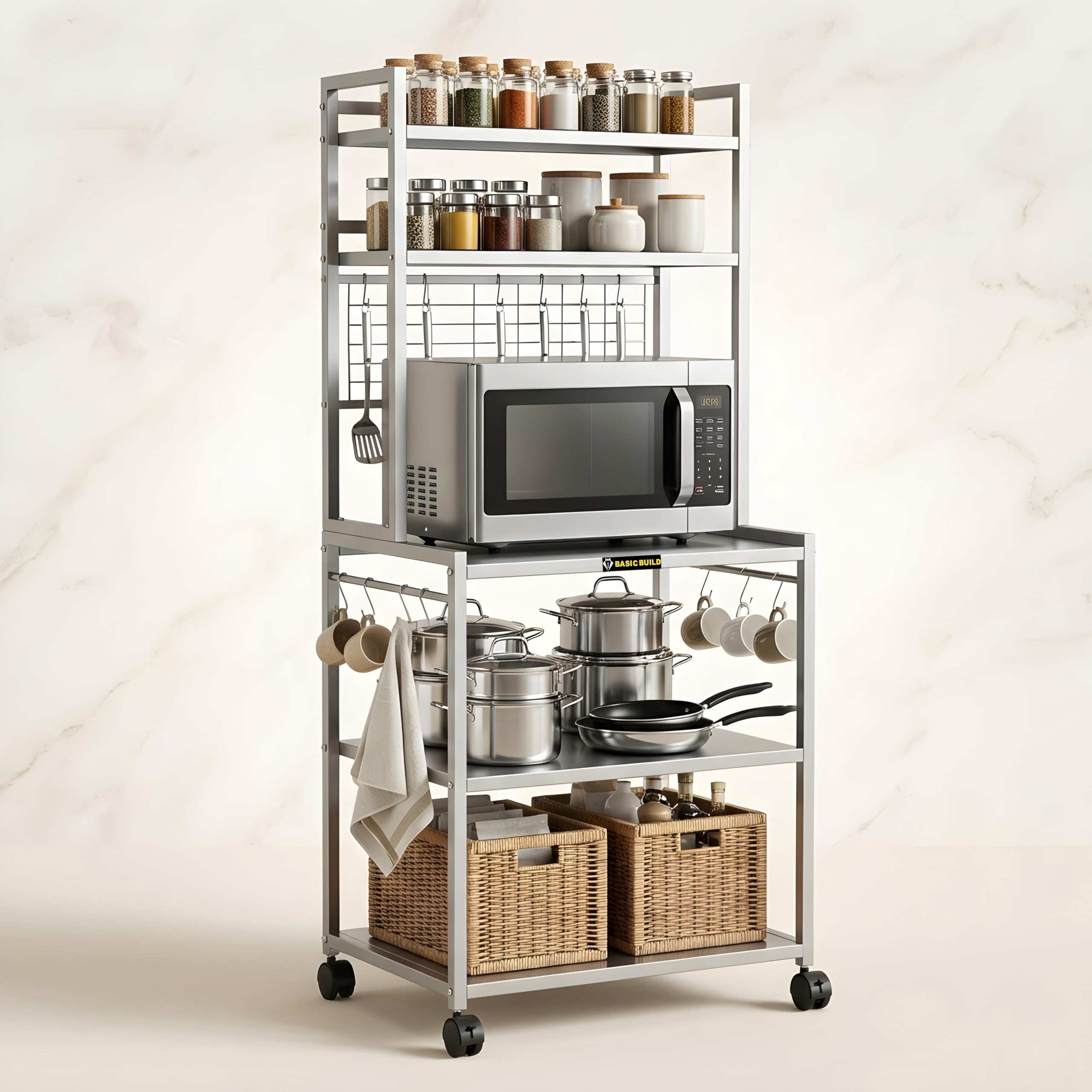 Metal Microwave Oven Stand with Storage Shelves & Hooks | Heavy Duty Multi-Level Kitchen Rack with Wheels | Appliance Organizer (MS 5 Silver)-image-23