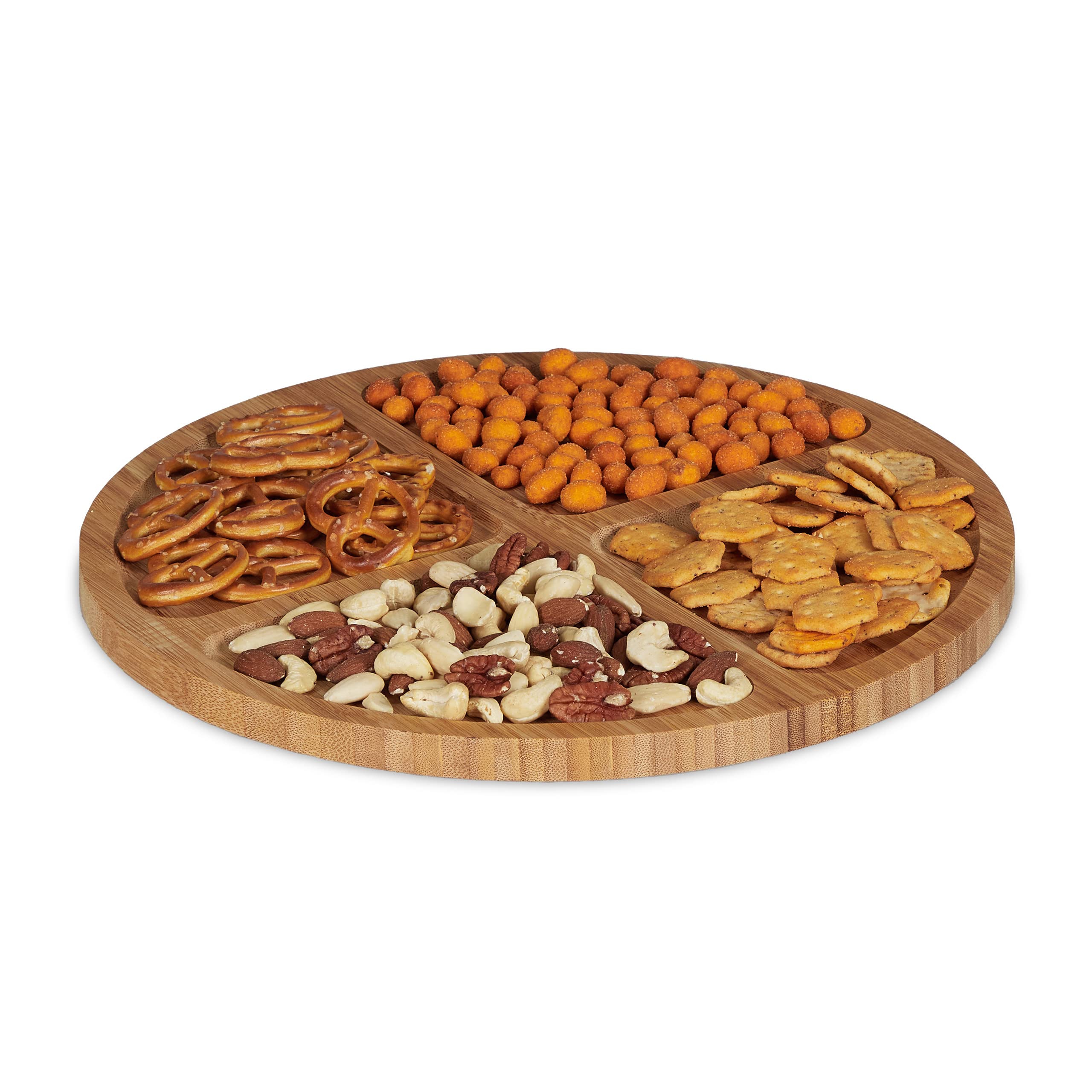 Relaxdays Bamboo Serving Plate, Round, Divided Tray, Ø 33 cm, Snack Platter for Biscuits, Cheese, Olives, etc, Natural