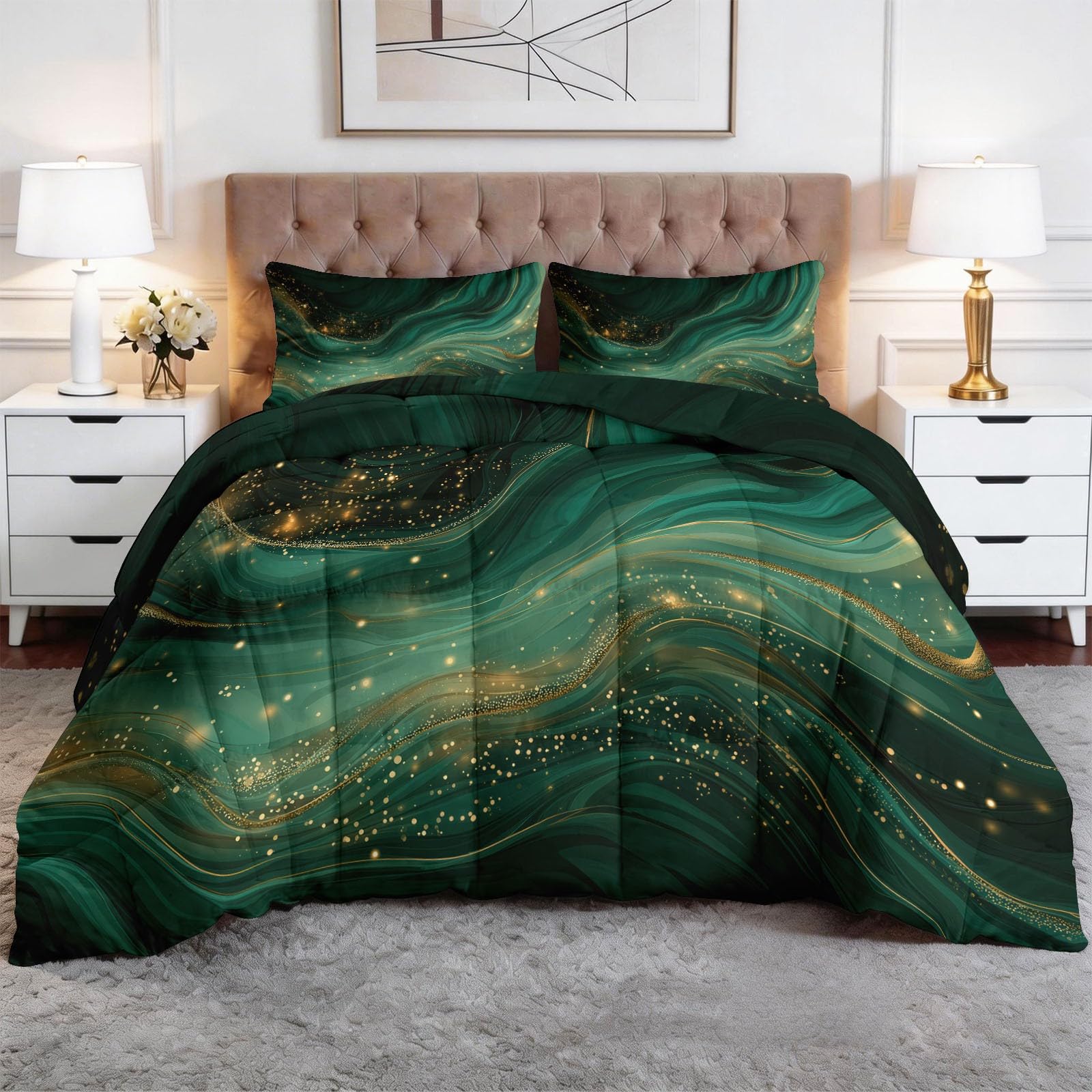 Bettdecke ohne Bezug 155x220cm, 4 Jahreszeiten Abstrakte Linien Wirbel Grüner Marmor Steppdecke mit 2 Kissenbezug - Warme Weiche Atmungsaktive Schlafdecke Waschbar Ganzjahresdecke - Dunkle Farbe
