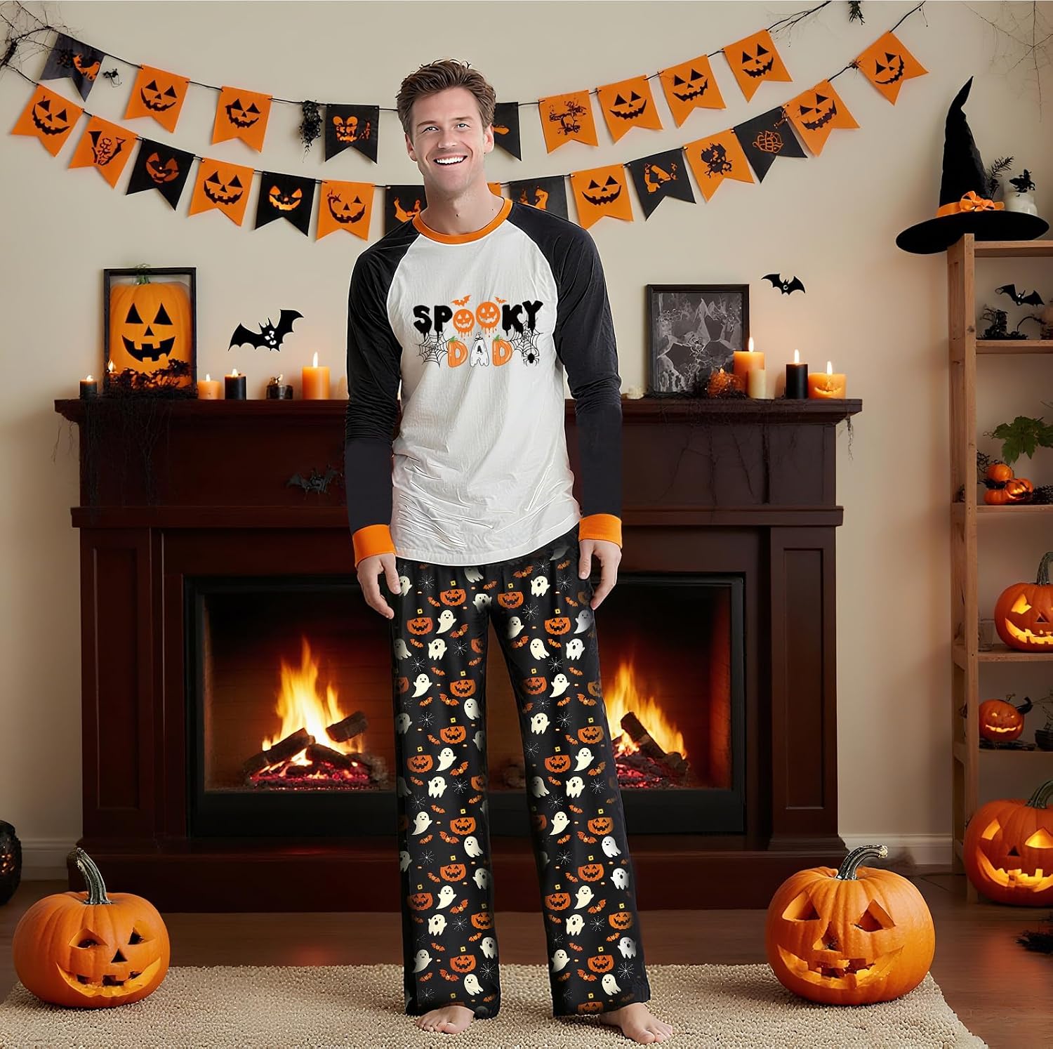 Family Matching Halloween Pajamas Set Long Sleeve Top & Pants 2 Piece Sleepwear Jammies Cute Pumpkin Ghost Spider Skeleton Pat Print Holiday Pjs for Women Men Couples