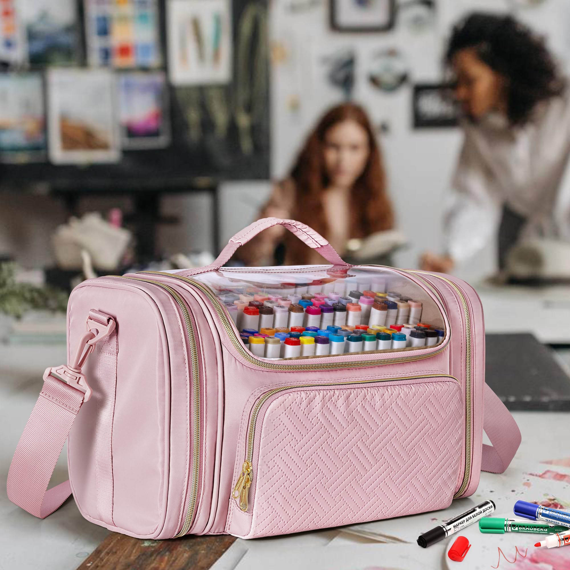 Rexmica Grand Sac de Rangement pour 200 à 300 Marqueurs à Dessin, Rose | Étui de Rangement pour Feutre a Alcool pour Adultes, Étui de Voyage pour Marqueurs à Peinture