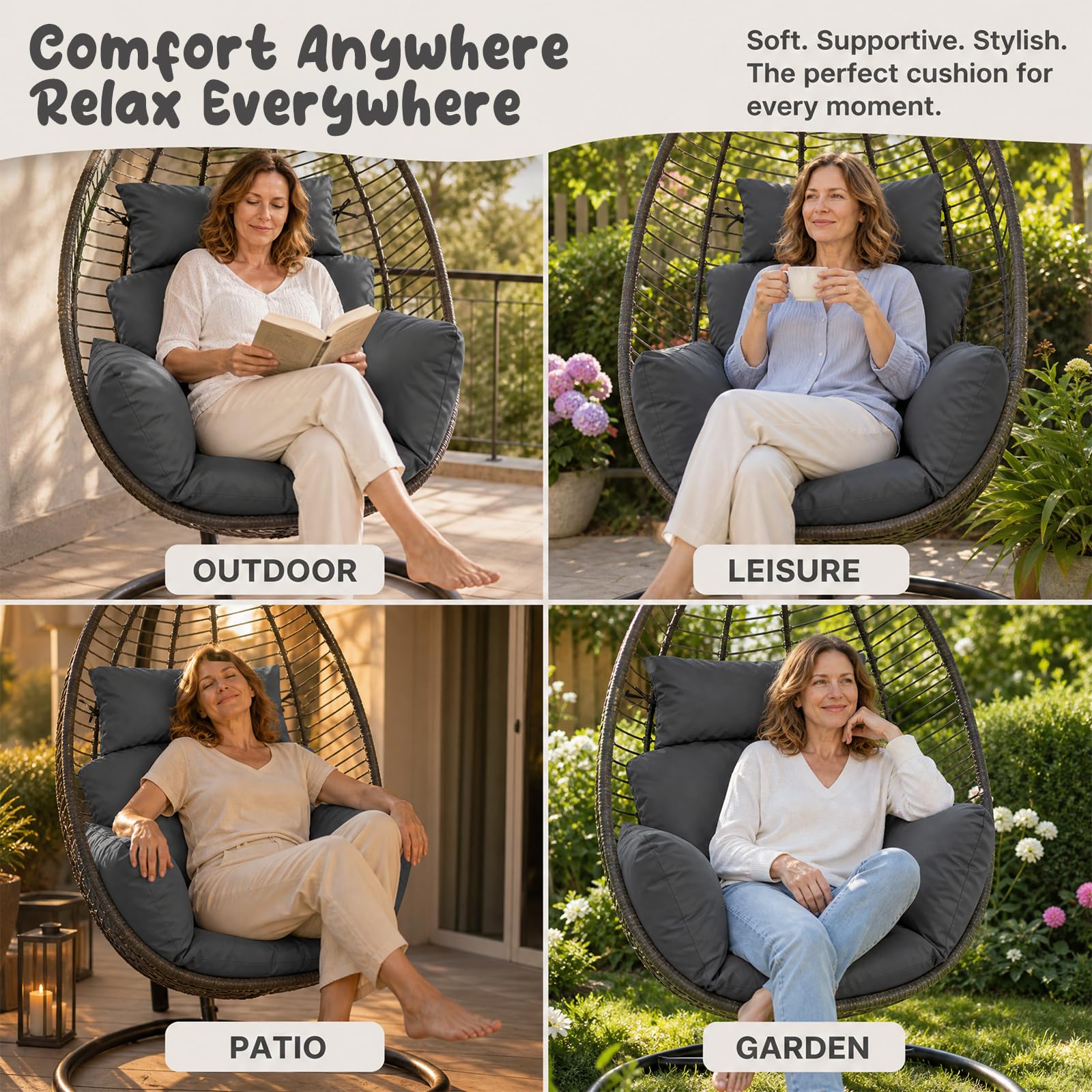 Coussin de fauteuil suspendu d'extérieur imperméable pour jardin, terrasse, gris foncé