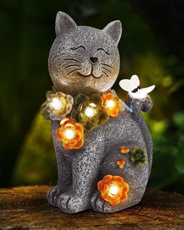 Vuees Solar Garden Statues Outdoor Decor, 6 LED Cat Flowers Butterfly Figurine Lights, Waterproof for Balcony Patio Porch Lawn Yard Ornament Art - Gift Ideas for Housewarming Gardening Grandma Women