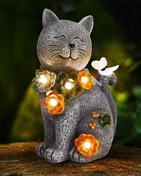 Vuees Solar Garden Statues Outdoor Decor, 6 LED Cat Flowers Butterfly Figurine Lights, Waterproof for Balcony Patio Porch Lawn Yard Ornament Art - Gift Ideas for Housewarming Gardening Grandma Women
