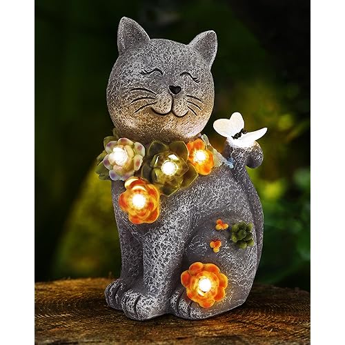 Solar Garden Statues Outdoor Decor, 6 LED Cat Flowers Butterfly Figurine Lights, Waterproof for Balcony Patio Porch Lawn Yard Ornament Art - Gift Ideas for Housewarming Gardening Grandma Women