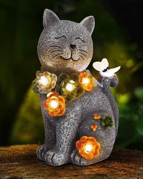 Vuees Solar Garden Statues Outdoor Decor, 6 LED Cat Flowers Butterfly Figurine Lights, Waterproof for Balcony Patio Porch Lawn Yard Ornament Art - Gift Ideas for Housewarming Gardening Grandma Women by Vuees - Used condition - US$19.07