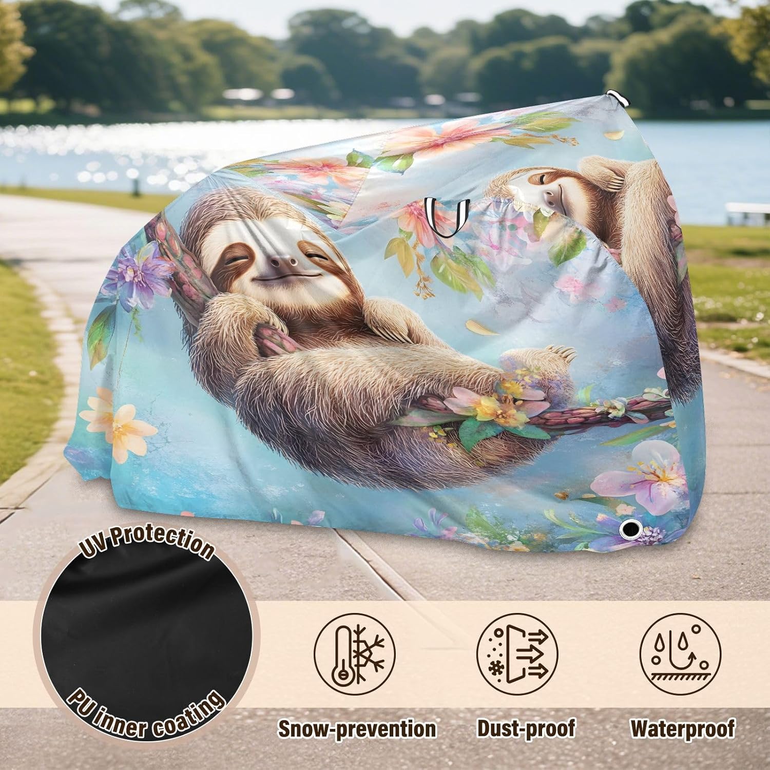 ALAZA Cute Sloth Flowers Bike Cover Waterproof Outdoor Ebike Bicycle Covers Tarp Protection for 1/2 Bikes, Sun UV Dust Wind Proof