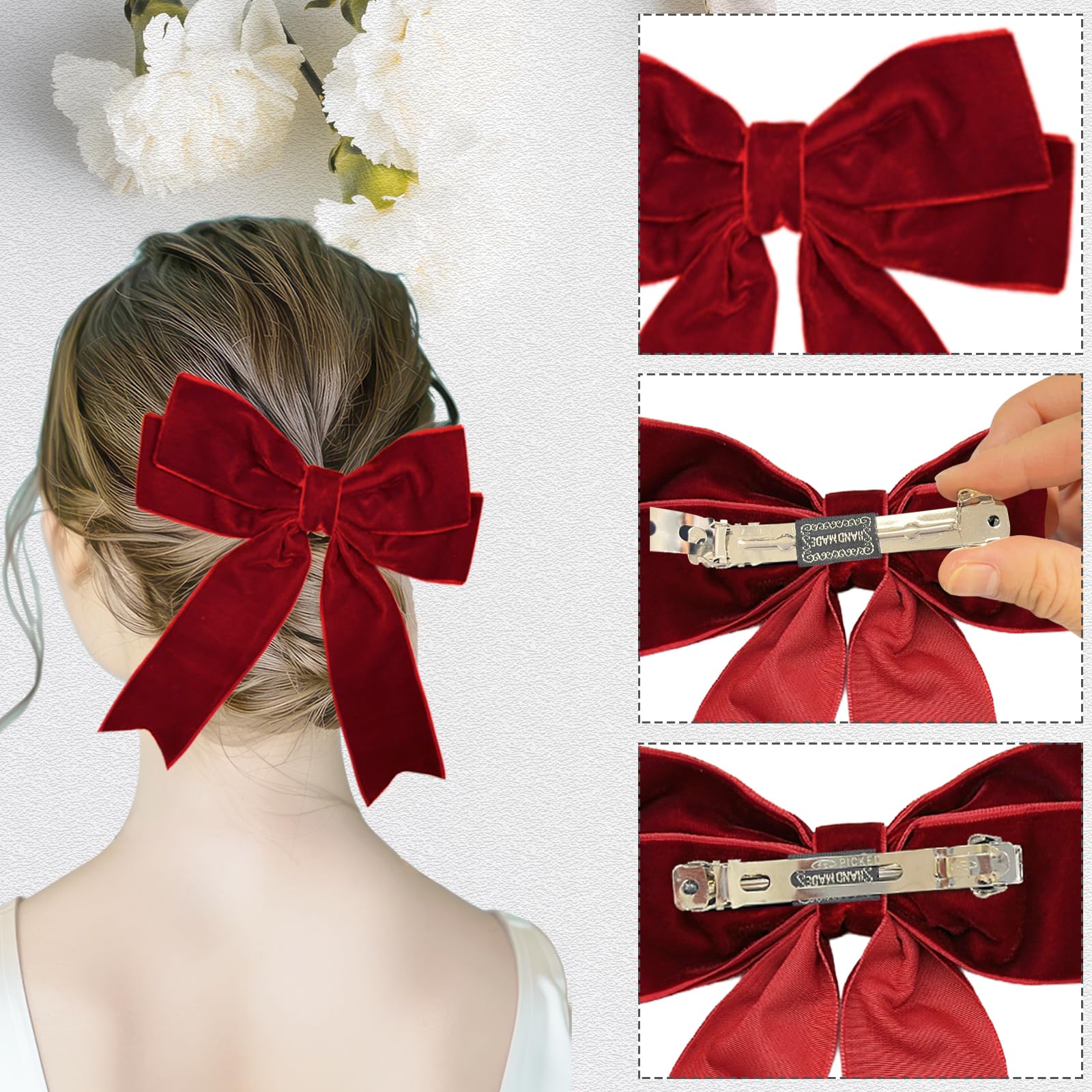 Bliceon 2Pcs Burgundy Hair Bows, Velvet Big Hair Clips for Women Girls, Toddlers and Teens, Bow Ponytail Holders, Metal Clips - Image 3