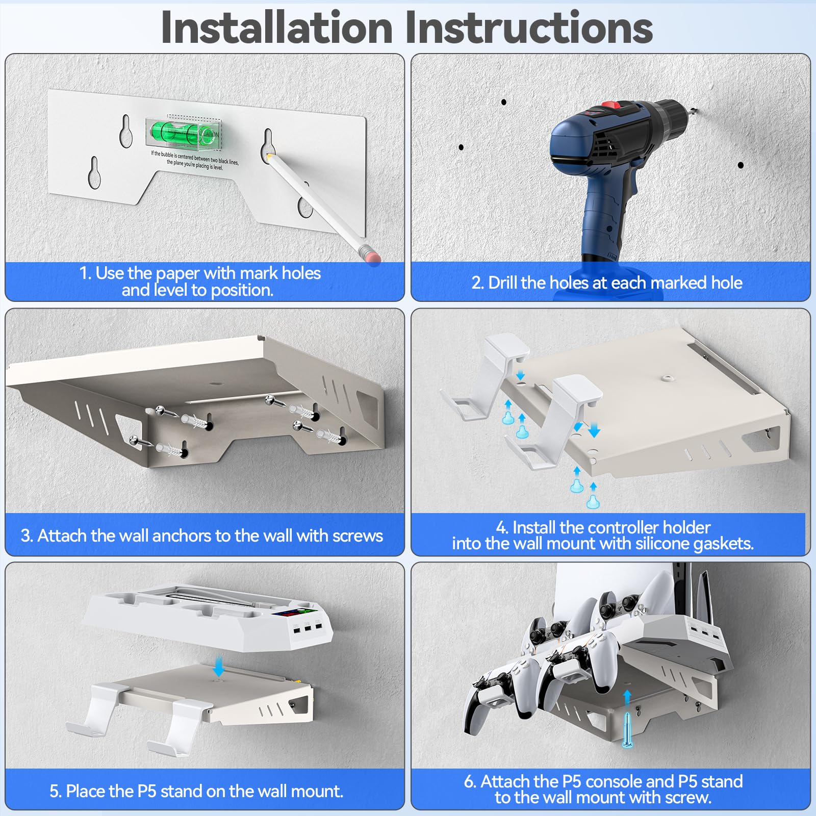 Tokluck Supporto Parete per PS5 con Raffreddamento, Base di Ricarica per PS5 Controller, Supporto per PS5 Muro con Supporto per Controller e 3 USB HUB