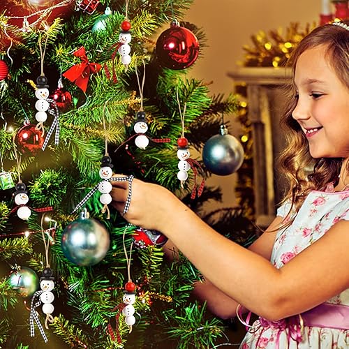 Miniatura 5 de FOIMAS 150 cuentas de madera de muñeco de nieve de Navidad, cuentas sueltas de madera de muñeco de nieve de invierno con cordel de yute de 65 pies