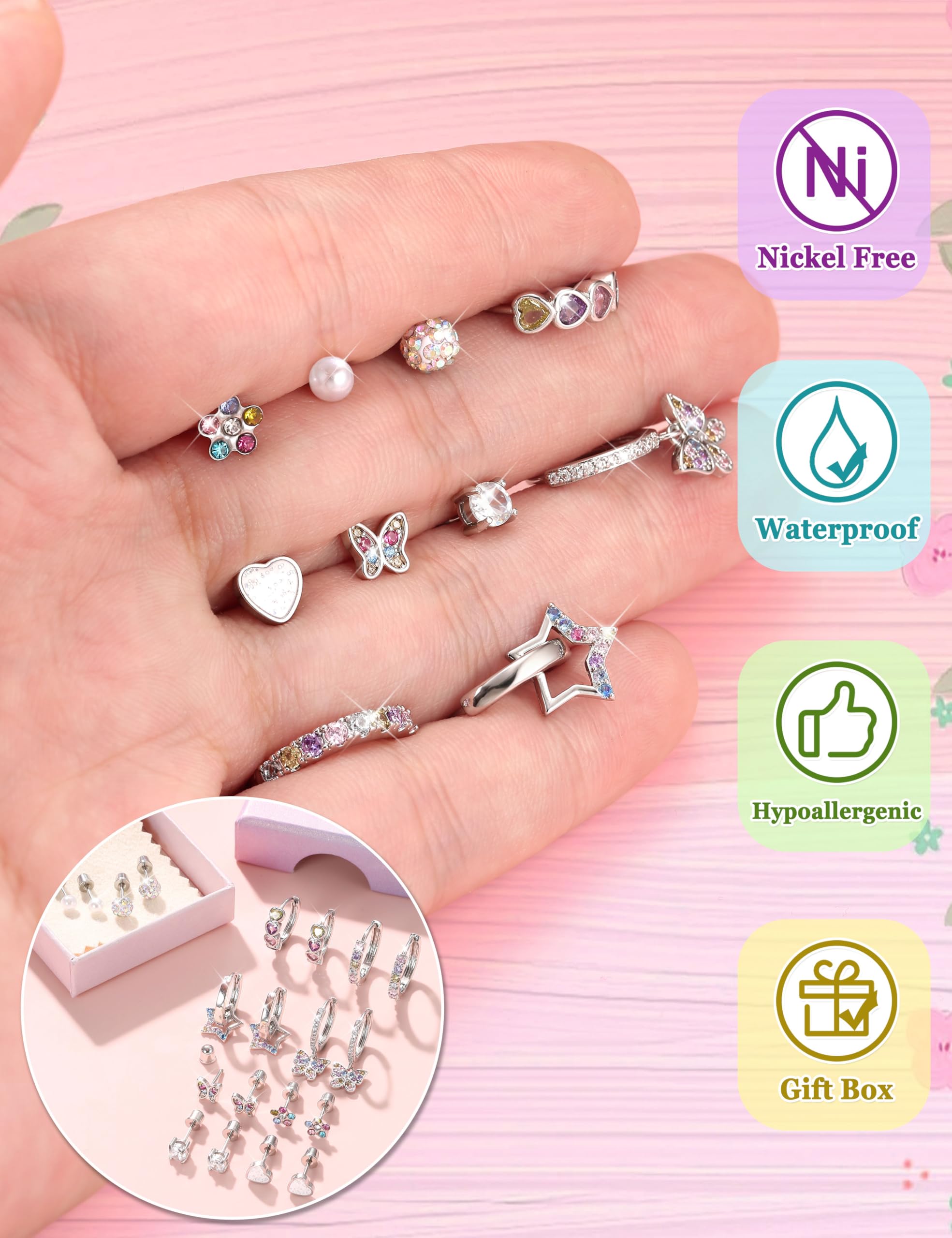 LOLIAS 10 Paires Boucles d'oreilles pour Fille Femmes Acier Inoxydable Creoles Argent Coeur Perle Fleur Papillon Boucle d'oreille Enfant Fille Hypoallergéniques Bijoux Cadeau Anniversaire Filles