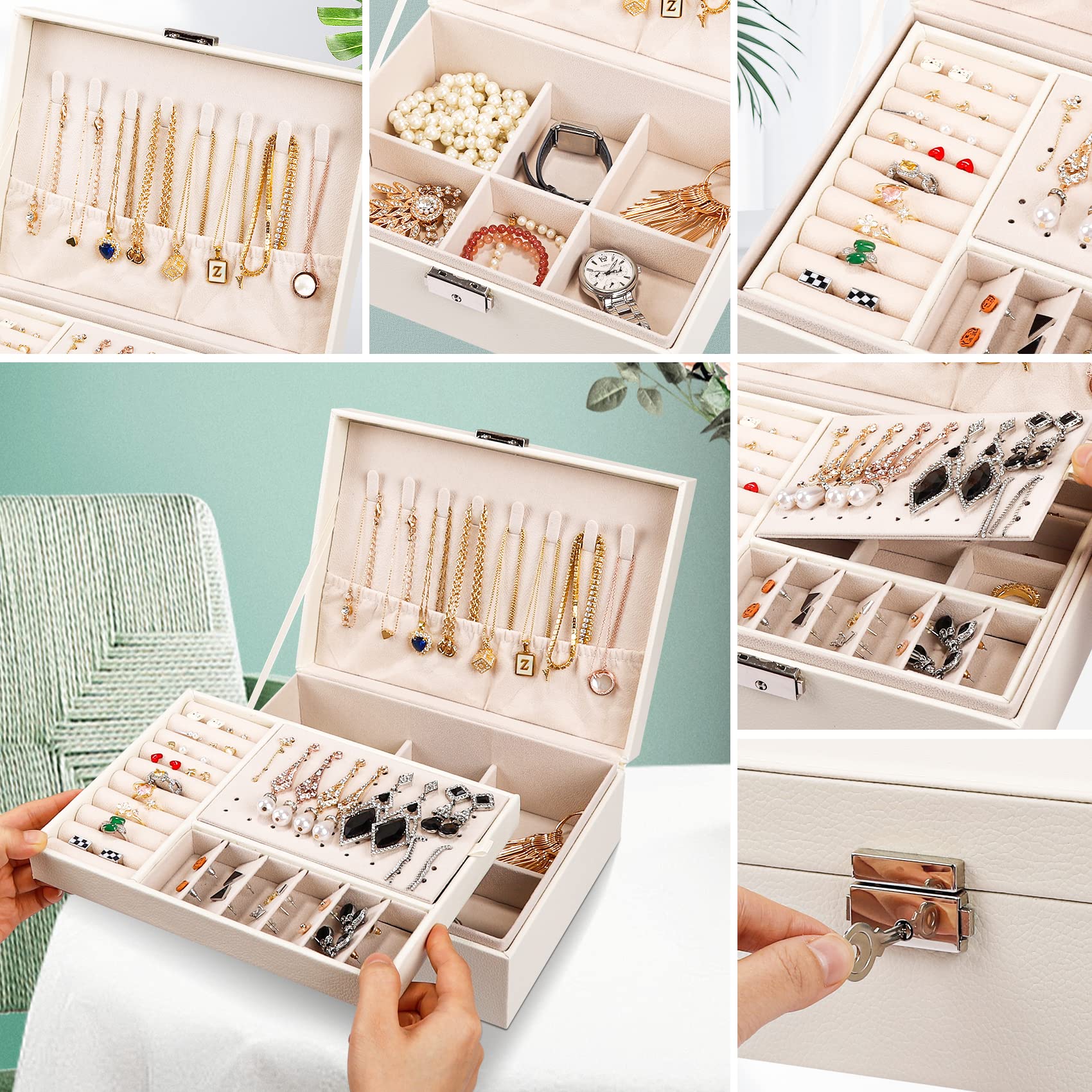 LUZOON Schmuckschatulle Schmuckkästchen für Damen, 2 Schich Schmuckaufbewahrung Mädchen Schmuckkasten Schmuckbox PU Leder Schmuck Groß für Ringe, Ohrringe, Halskette (Weiß)