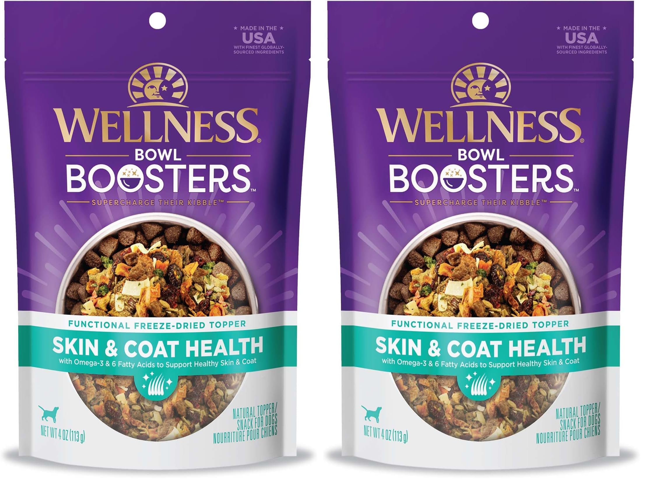 Wellness Bowl Boosters, Dog Food Topper for Small, Medium, &amp; Large Breeds, Grain Free, Natural, Freeze Dried, Skin &amp; Coat Health Chicken, 4 Ounce Bag (Pack of 2)