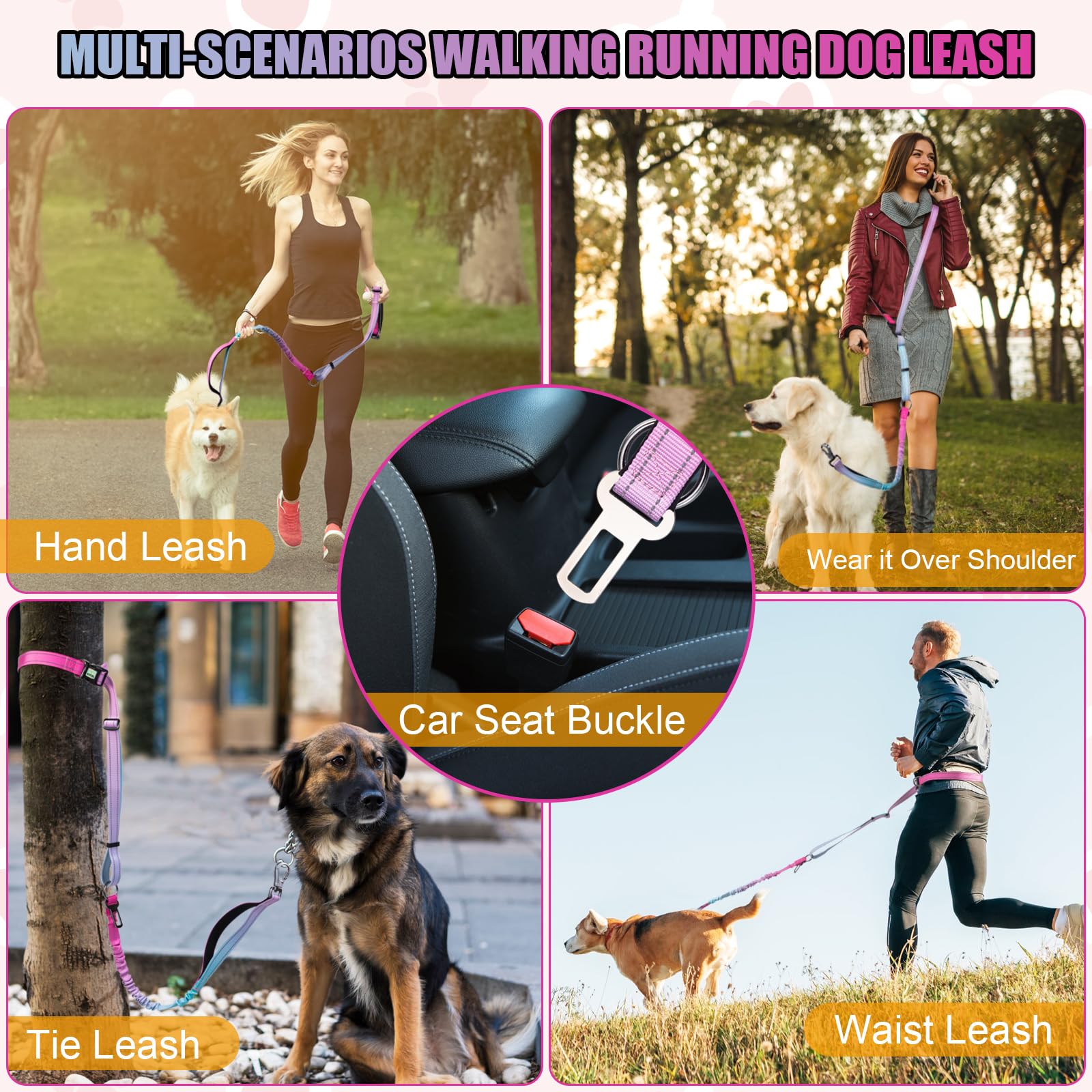 Correa de perro resistente manos libres, cinturón reflectante ajustable de 5 a 7 pies con asas acolchadas, elástico que absorbe los golpes y cinturón de seguridad para perros grandes y medianos