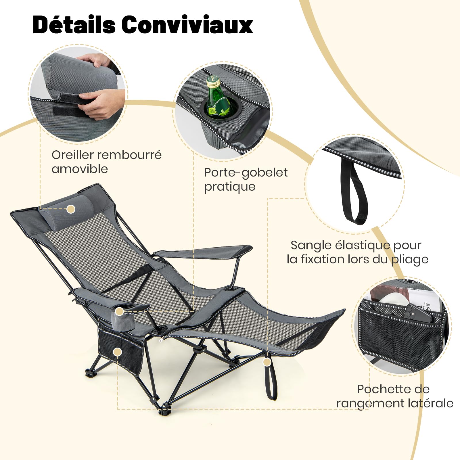 GIANTEX Chaise Pliante Camping 2 en 1, Fauteuil de Camping avec Repose-Pieds Amovible, Dossier Réglable à 4 Positions, Porte-Gobelet & Poche Latérale, Sac de Transport, pour Randonnée, Pêche, Gris