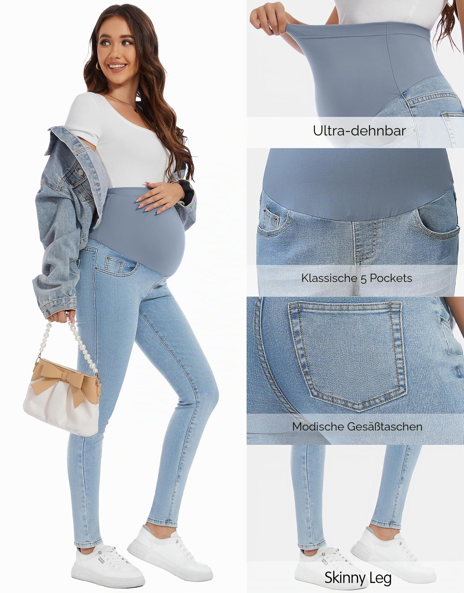 PACBREEZE Damen Umstandsjeans über dem Bauch, schmal, dehnbar, hohe Taille, Denim, Skinny Hose mit Taschen
