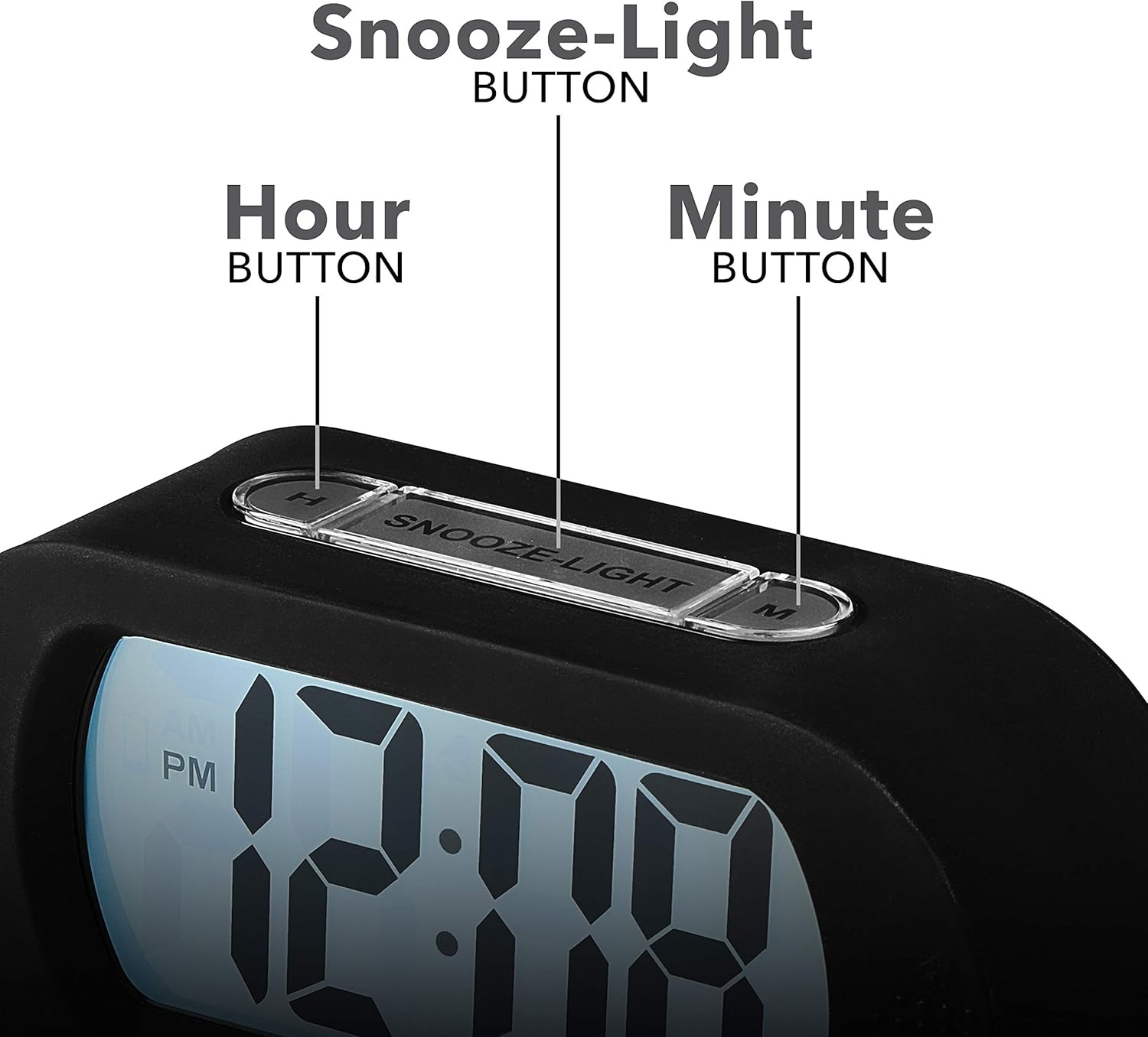 Close-up of the top of the RCA RCD12BKA Alarm Clock showing Hour, Snooze-Light, and Minute buttons.