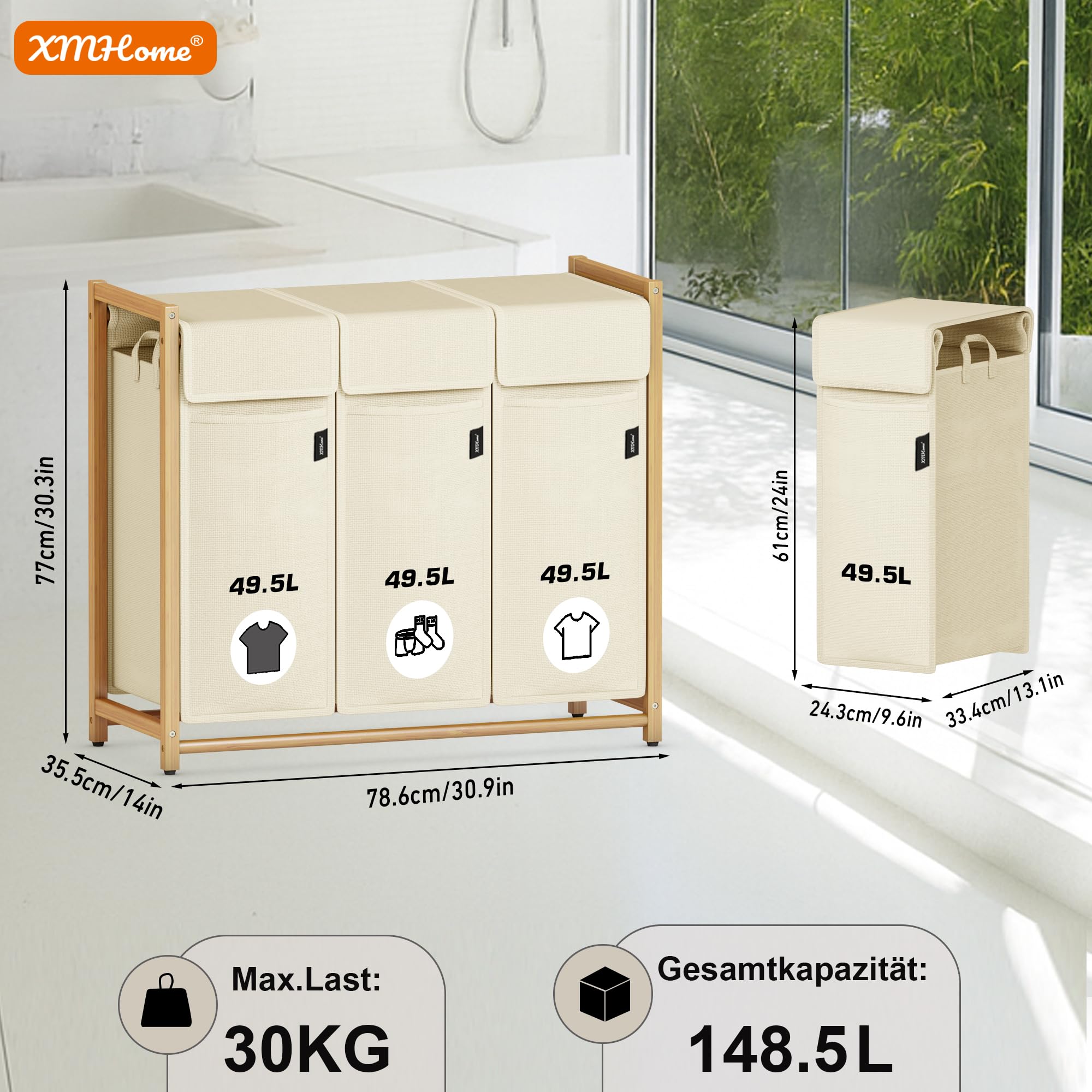 Wäschekorb 148L mit 3x49L Fächern Bambus Wäschesammler mit Deckel | Wäschesortierer mit herausnehmbaren Taschen, rechteckige Wäschebox für Schlafzimmer, Bad & Waschküche Beige