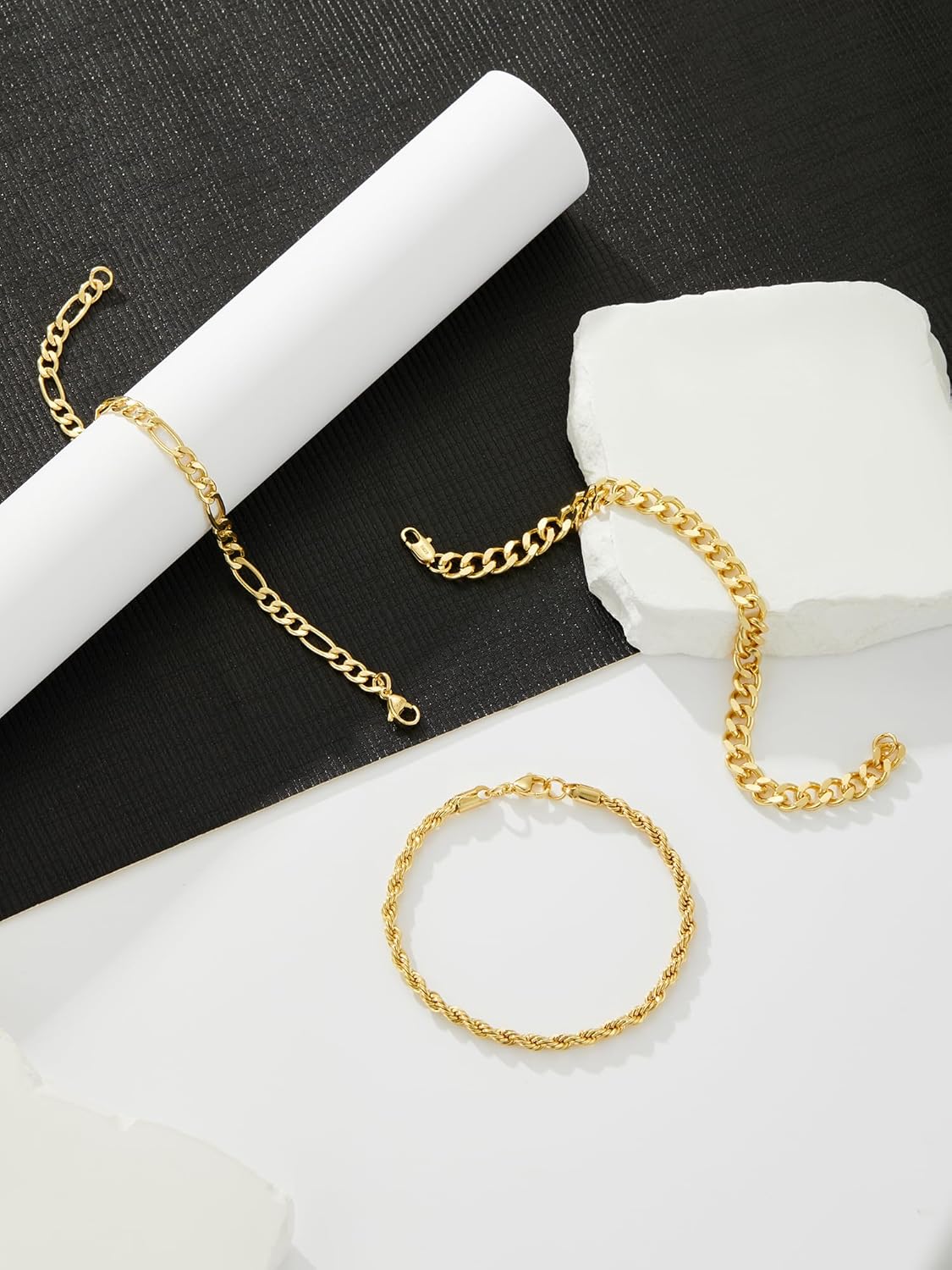 3 PCS Silver Bracelets for Men 925 Sterling Silver/14K Gold Palted Cuban Link Chain Bracelet Figaro Rope Bracelet Set Mens Jewelry Gifts for Dad Husband Boyfriend 7.5/8.2 Inches - Image 7