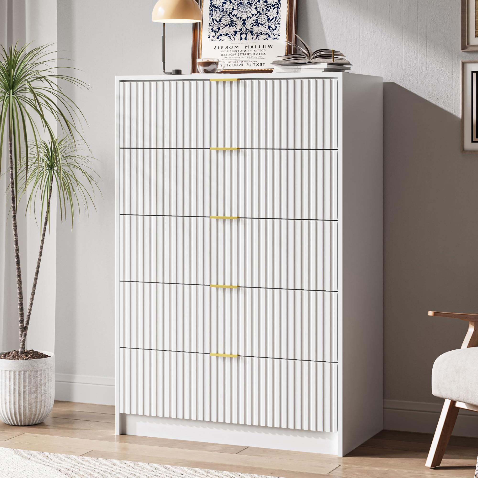 MAISONARIA 5 Drawer Dresser for Bedroom, Tall Dresser Chest of Drawers with Gold Handles, 32 Inch Wide Nightstand with for Bedroom, Living Rooms,