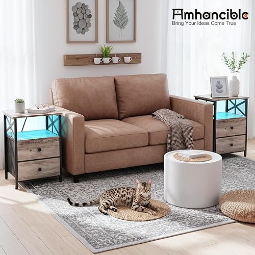 Miniatura 8 de Juego de 2 mesitas de noche AMHANCIBLE, mesita de noche LED con estación de carga, mesas auxiliares para sala de estar con cajones de tela, mesita