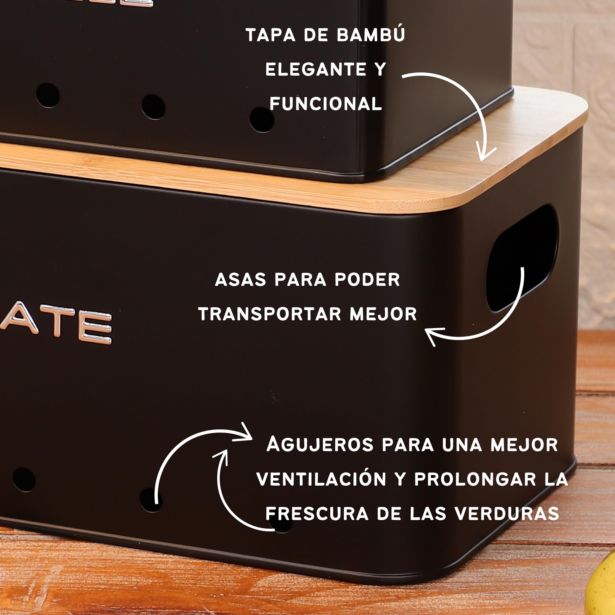 Set Organización Cocina 4 Piezas: Panera + Juego de 3 Botes para Patatas, Cebollas y Ajos. Cajas de Almacenaje Metal Negro Mate con Tapa de Bambú y Ventilación