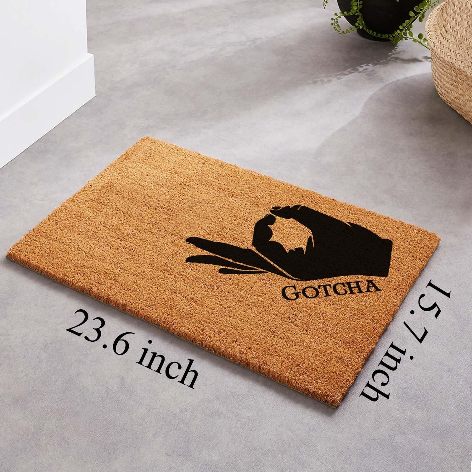 Paillasson amusant en fibre de coco Game Okay Hand Gotcha Welcome Porche Decor Paillasson pour l'entrée personnalisé en PVC robuste antidérapant pour entrée extérieure 60 x 40 cm Cadeau de pendaison