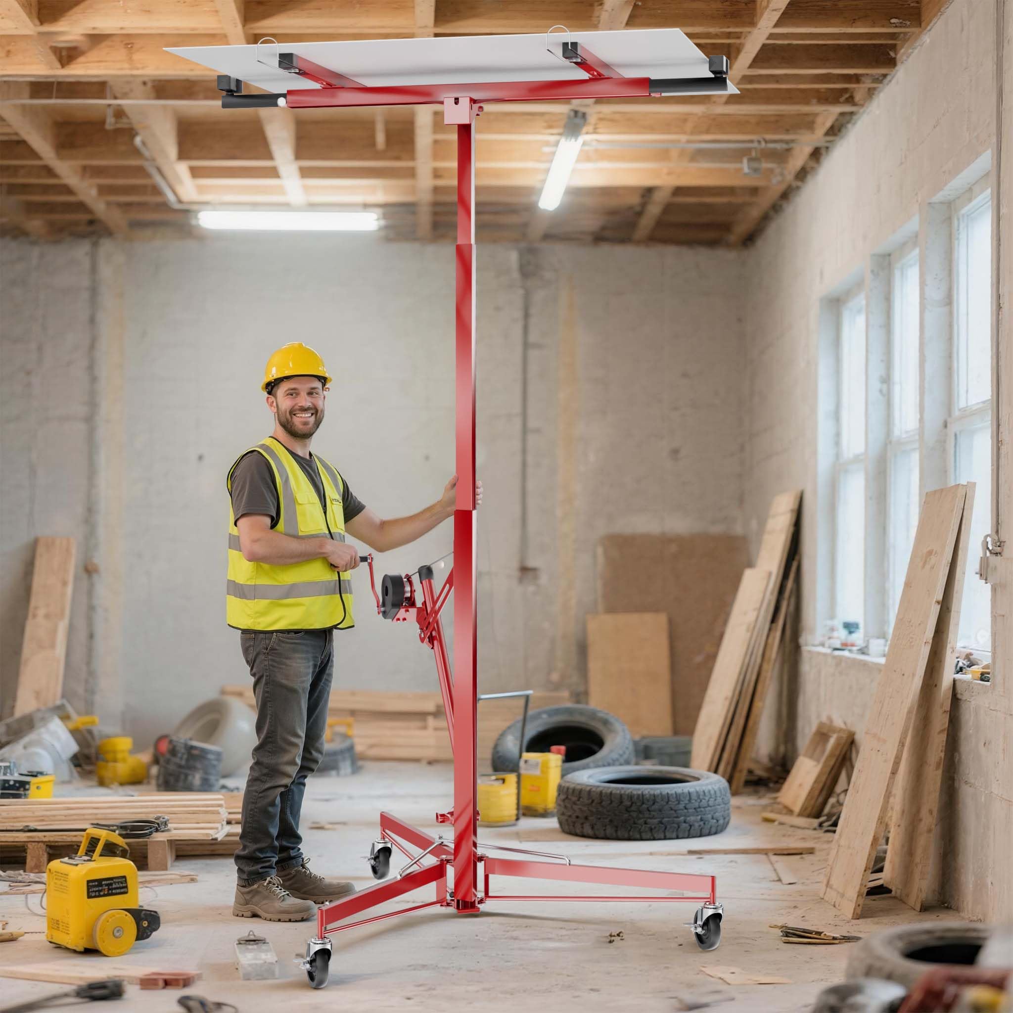 Wiltec Lève-panneaux, lève-plaques de plâtre XXL rouge – capacité de charge max. 68 kg – Hauteur 140-350 cm – Largeur max. 290 cm – 3 Roues - Aide au montage Construction
