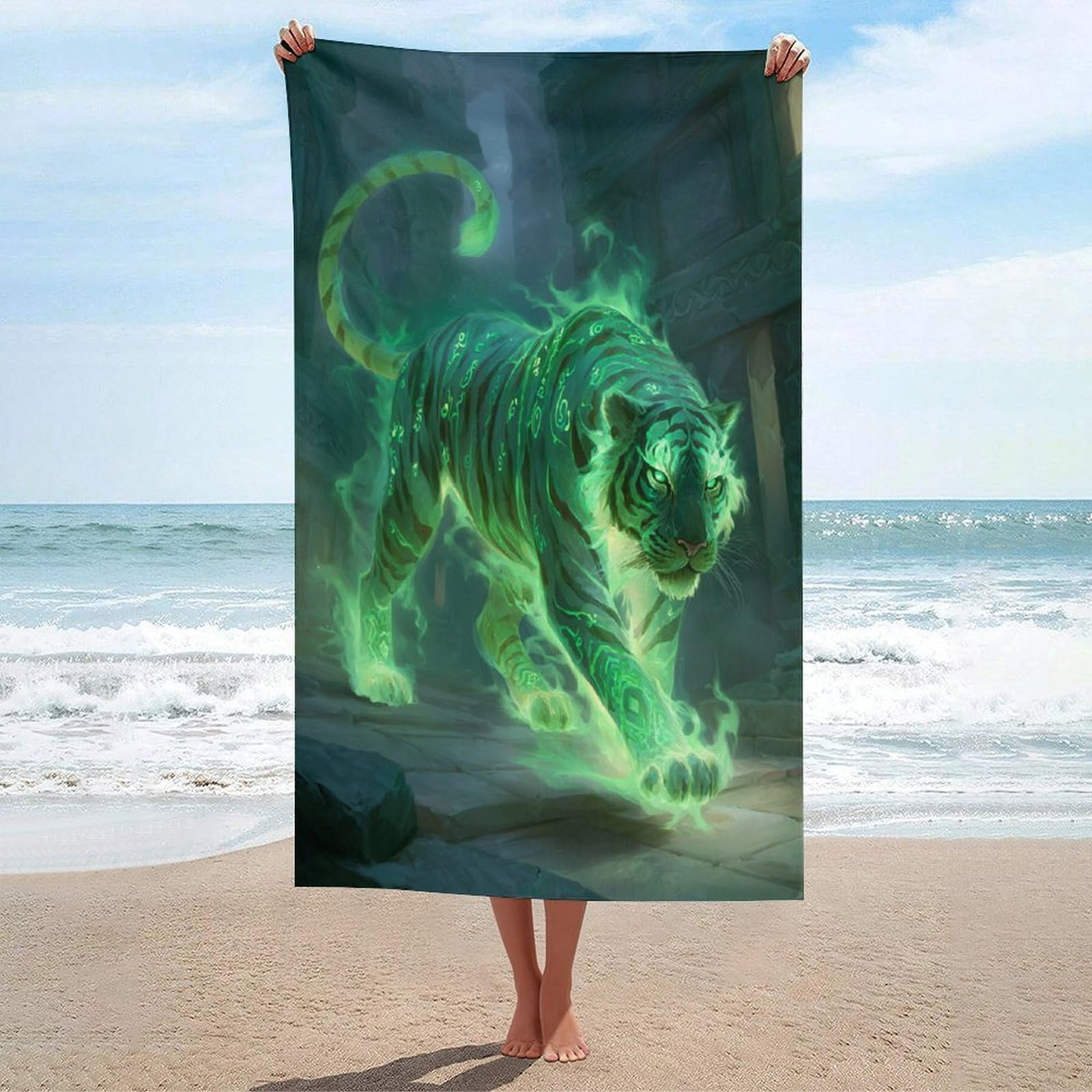 LSRCPD Neon Green Tiger Beach Towel Sand Free Microfiber Large Shower Towels Multipurpose Absorbent for Bathroom Pool 130x80 CM