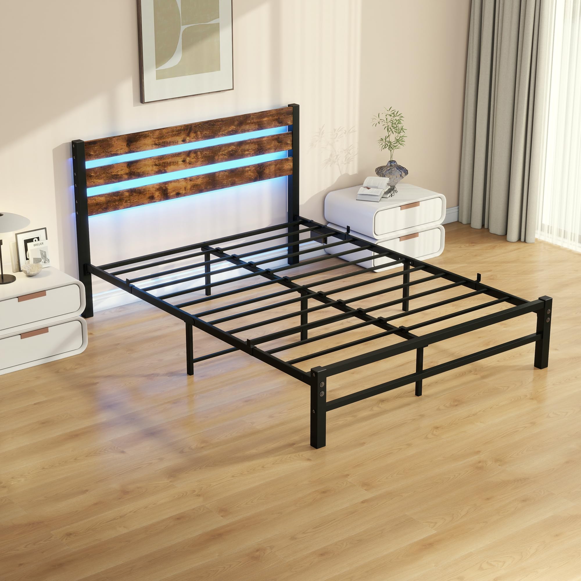 Marco de cama de 140 x 200 cm con cabecera, marco de cama de metal, soporte de capa de acero fuerte, almacenamiento bajo la cama, no requiere muelle, sin ruido, fácil montaje, marrón antiguo