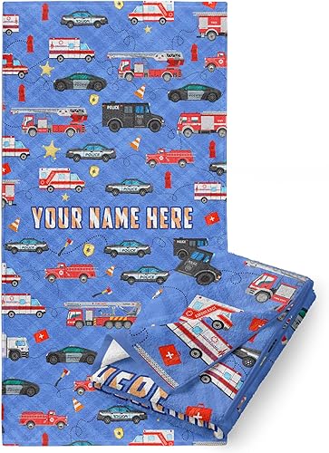 Toalla de playa de microfibra personalizada para niños con vehículos de emergencia, añade un nombre personalizado para niños, algodón suave y