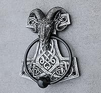 Vista 8 de Ebros Gift Viking Ram Skull Thor Hammer Mjolnir con runas, nudos, figura decorativa para puerta con bola golpeada integrada con acento de mitología