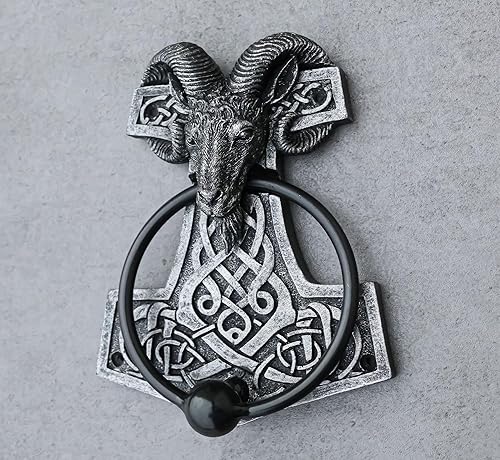 Miniatura 8 de Ebros Gift Viking Ram Skull Thor Hammer Mjolnir con runas, nudos, figura decorativa para puerta con bola golpeada integrada con acento de mitología