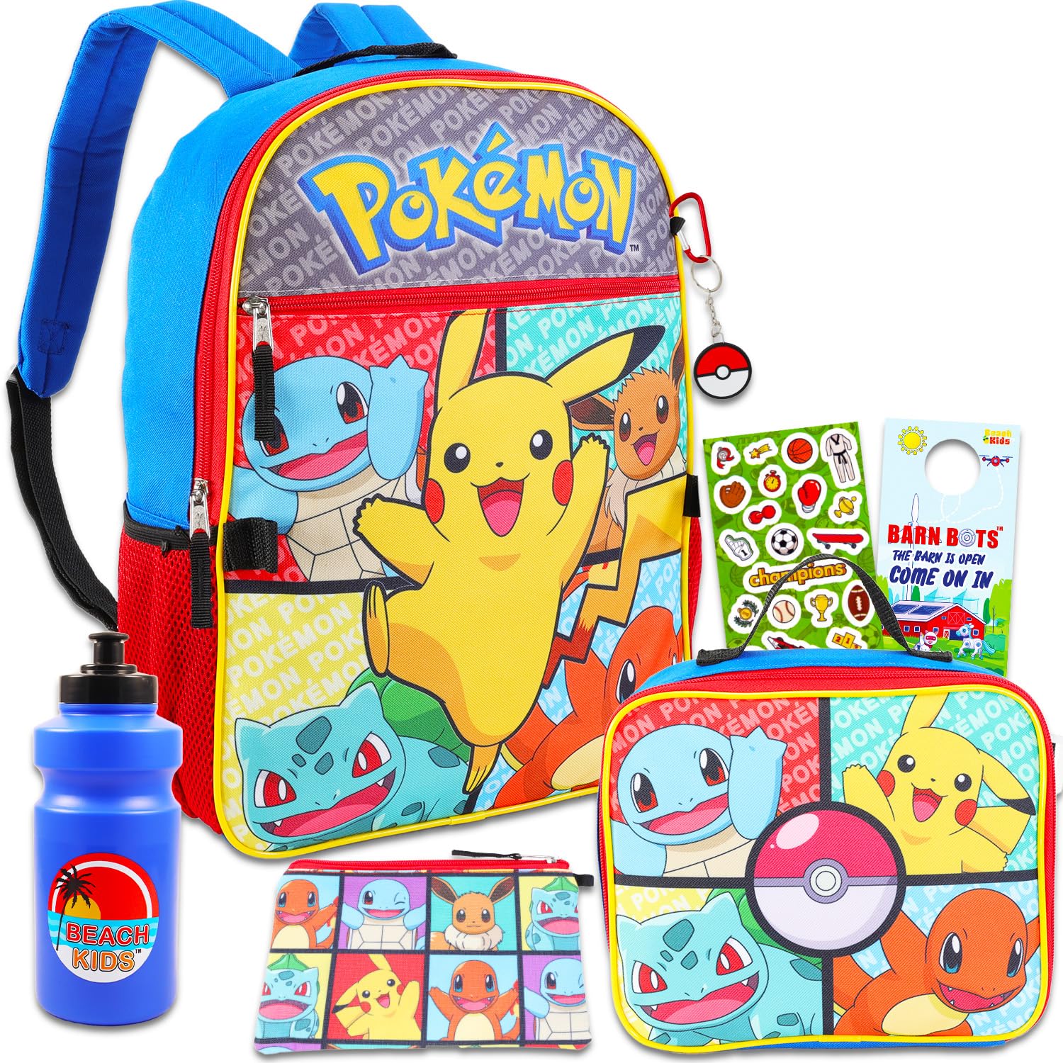 Pokemon Backpack with Lunch Box - Bundle with 16" Backpack, Lunch Box, Water Bottle, Stickers, More Backpack Set for Boys 8-12