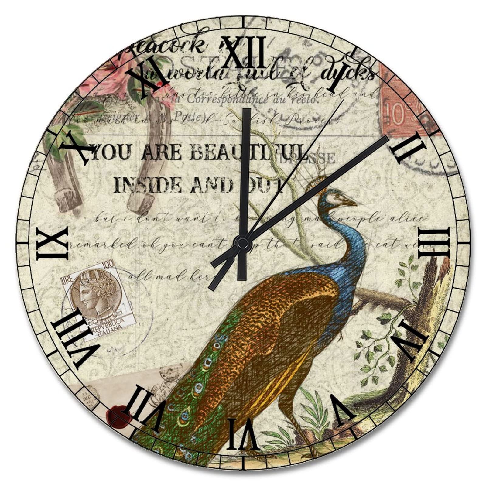 Horloge murale paon bleu de style ferme rustique pour décorer le salon