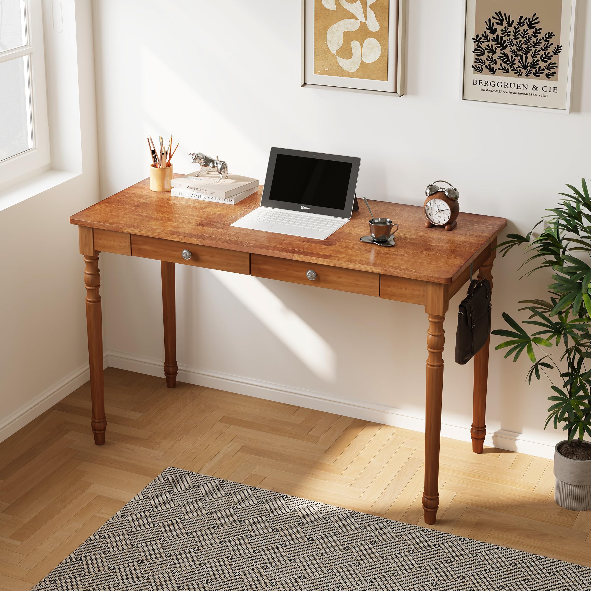 Photo 1 of Vintage Solid Wood Writing Desk - 47.2" Mid Century Modern Desk with 2 Drawers, Wooden Computer Desks for Home Office, Large Secretary Desks, Traditional Vanity Dressing Table for Bedroom, Walnut