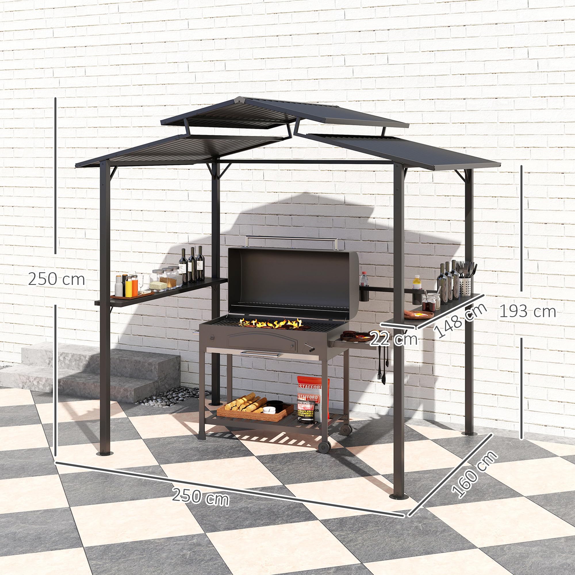 Outsunny Pavillon de barbecue 250 x 160 x 250 cm étanche Pavillon de jardin avec toit double couche, étagères latérales, tonnelles avec protection UV, pavillon BBQ, tente de jardin tente de barbecue