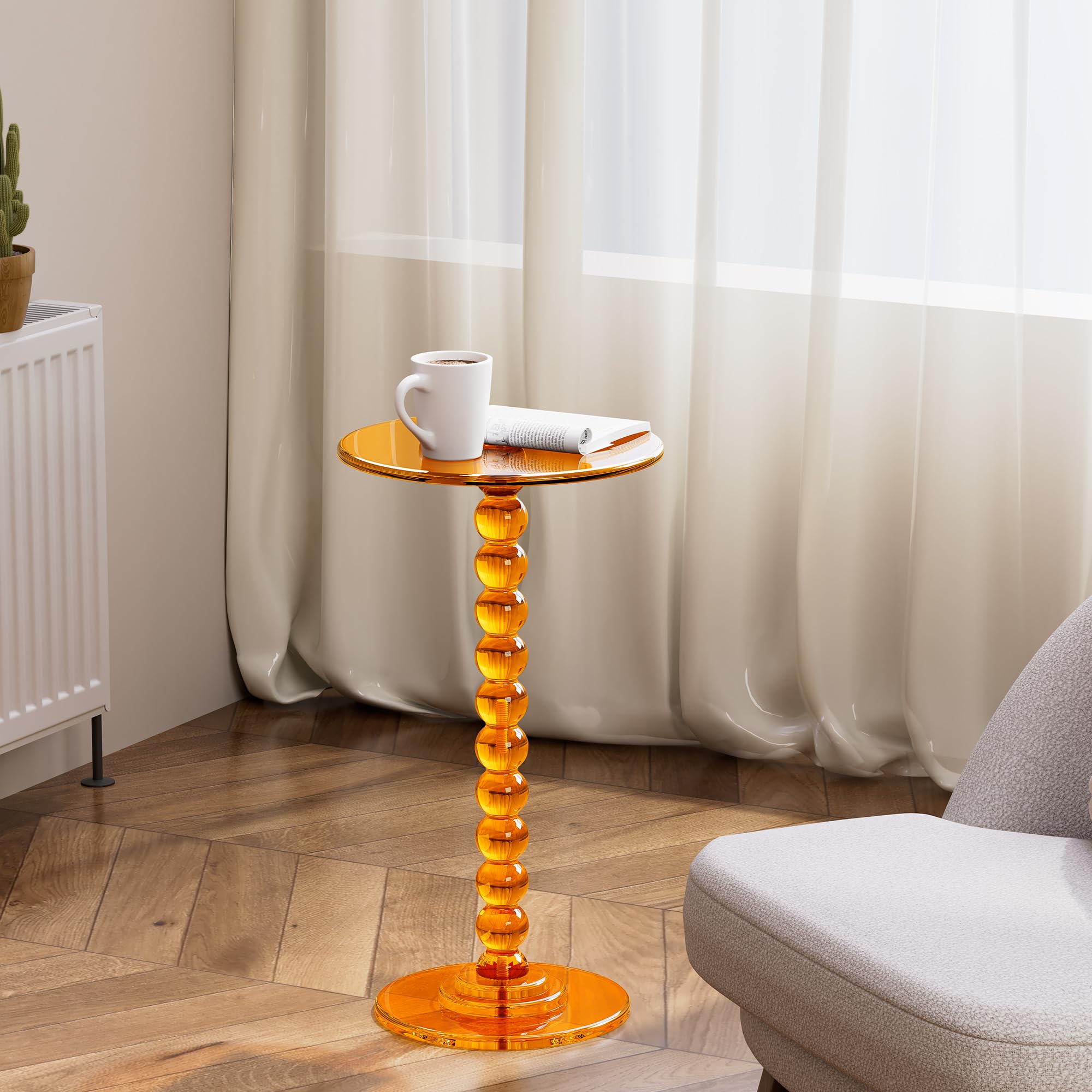 Mesa Auxiliar de acrílico, Mesa Lateral con Tapa Redonda y Poste sólido para salón, Dormitorio, balcón, Mesa de Apoyo, fácil Montaje (Naranja, 30×30×55 cm)