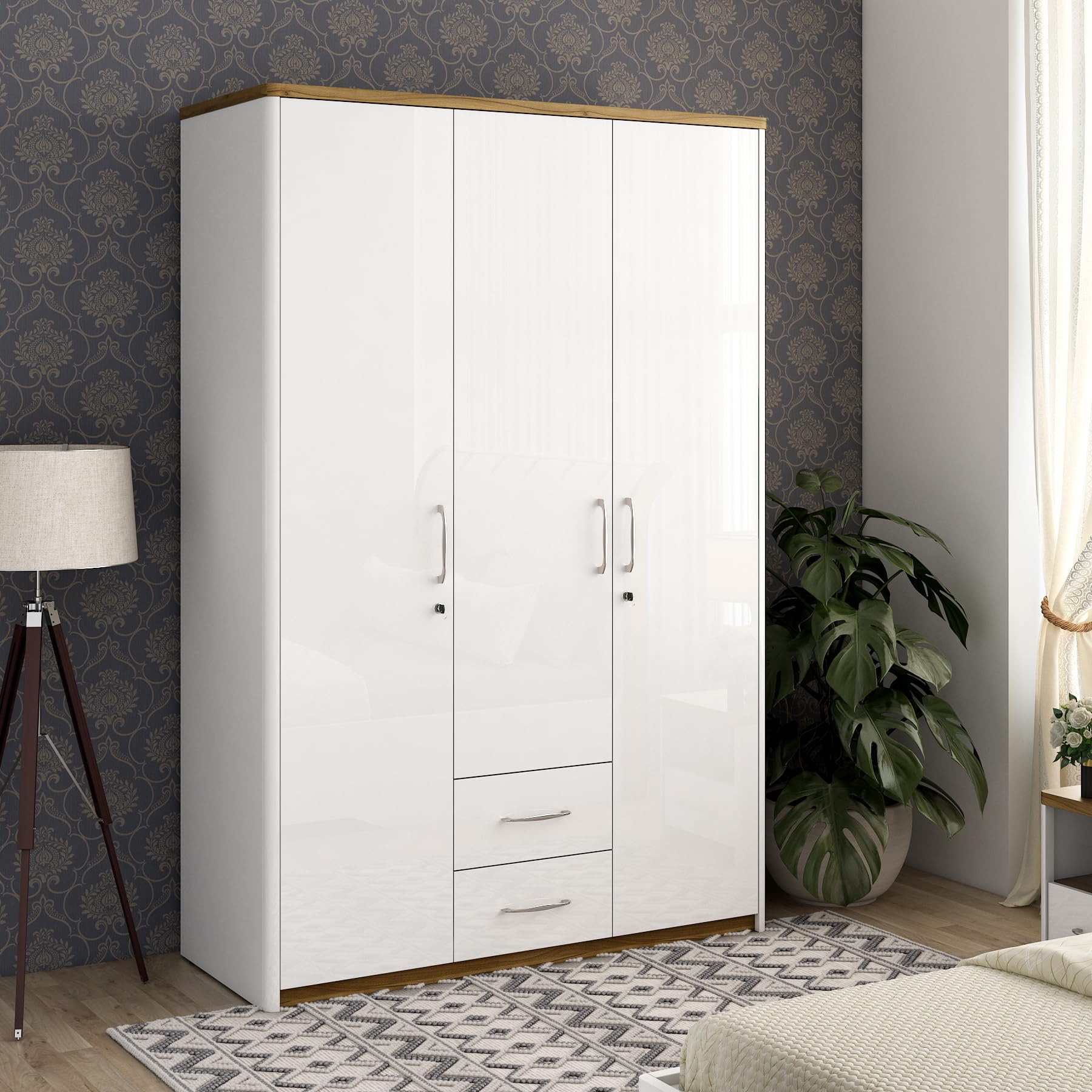 Spacewood Jupiter 3 Door Wardrobe | High Gloss White Finish | Engineered Wood Almirah with 3 Drawers (1 Lockable) & 2 Hanging Spaces | Bedroom Cupboard Almari | 3-Year Warranty-image-11