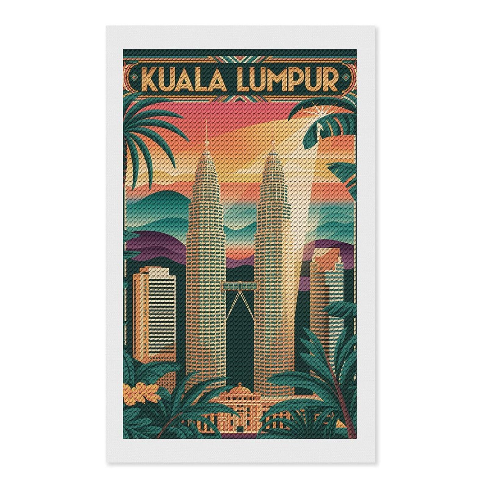 Junmoney Kuala Lumpur Cityscape Art Deco DIY Diamond Art Canvas Kit 12"x20", for Adults, Decorate Your Room, Gift Idea, Modern Decor, Finish and Display