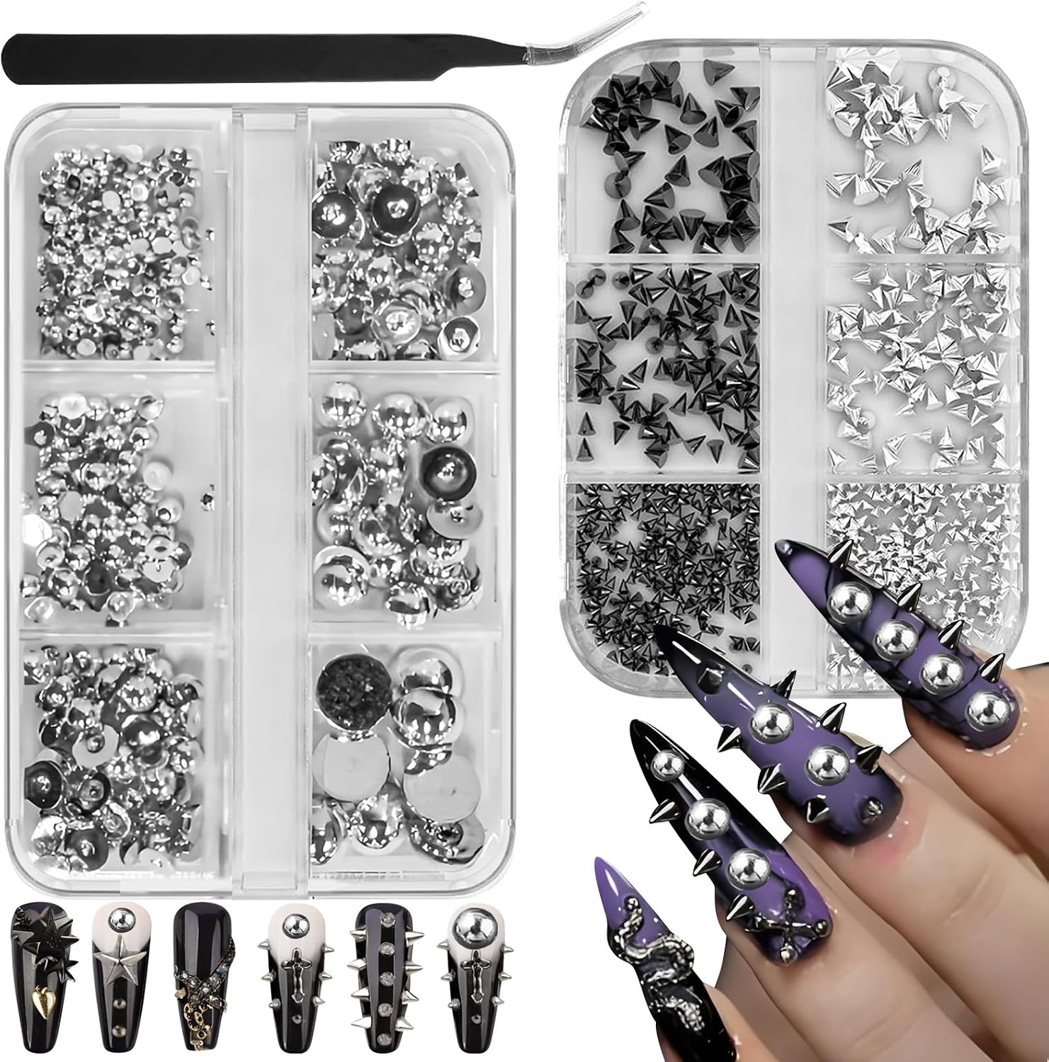 2 Boxes 3D Metal Punk Nail Charms Mixed Sizes Cone Spikes Rivet Punk Jewelry Manicure Charms Steel Balls with Tweezers Accessories DIY Crafts Decorations