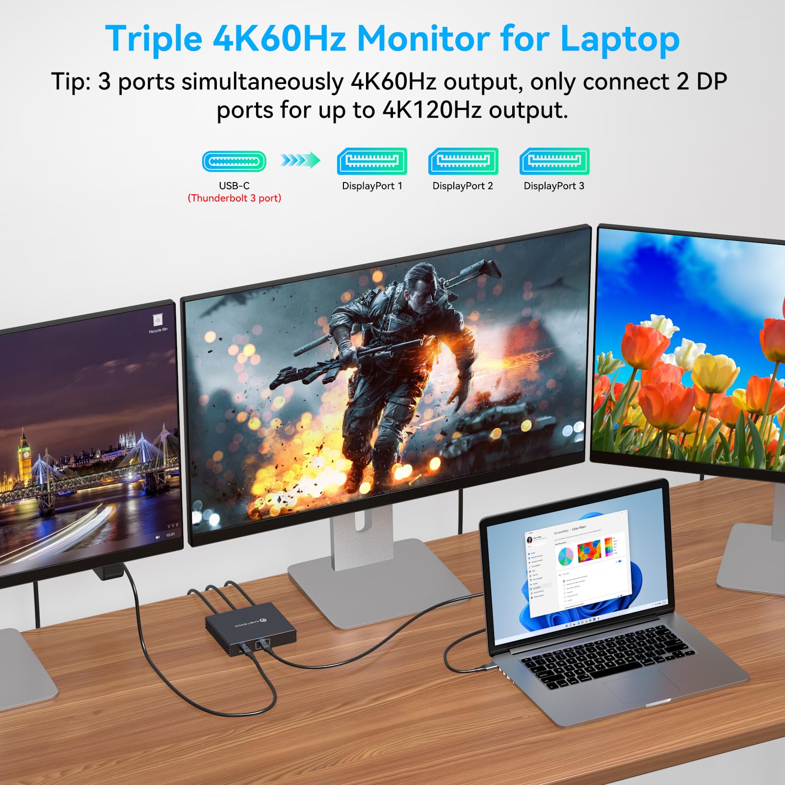 Rozdzielacz USB C na Displayport Potrójne monitory 4K60HZ USB C do 3 DisplayPort 1.4 Rozdzielacz typu C na potrójny DP 1 wejście 3 wyjścia MST HUB Obsługuje dublowanie i