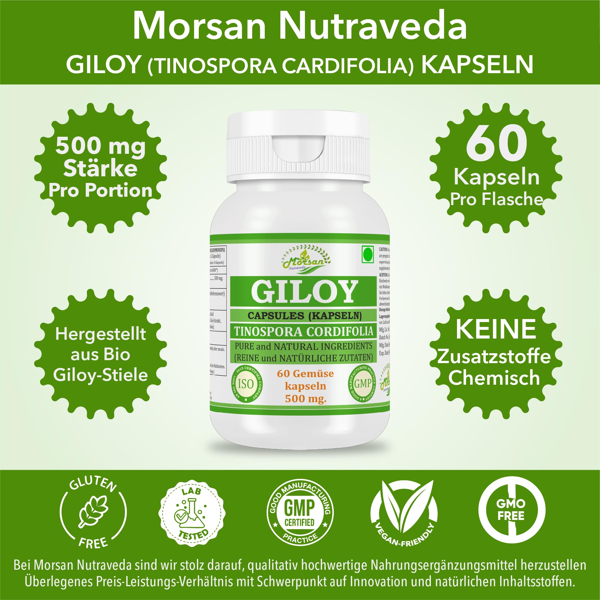 Giloy (Guduchi) Capsule 500 mg – 60 Capsule vegane | Estratto di Tinospora cordifolia ad alto dosaggio (10:1) | Integratore alimentare ayurvedico per uomini e donne (1 flacone da 60 capsule)