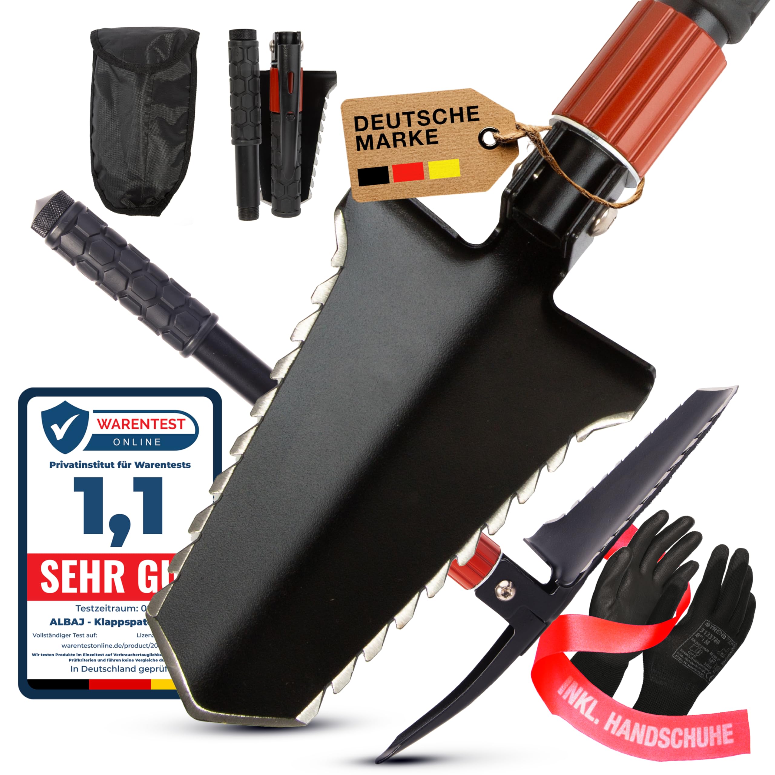 Pala plegable 9 en 1 – Pala plegable de supervivencia con sierra de raíz, acero para fuego y bolsa – Herramienta compacta al aire libre – Regalos para hombres, ideal para camping, bushcraft y
