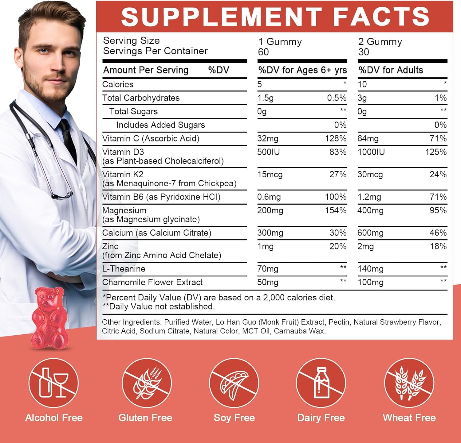 Magnesium Glycinate Gummies for Kids & Adults - Relaxation & Cognition Support - 400/200mg Magnesium Supplement with L-Theanine, Chamomile, B6, D3 & K2 - Vegan, Sugar Free, Strawberry Flavor, 60 Ct - Image 2
