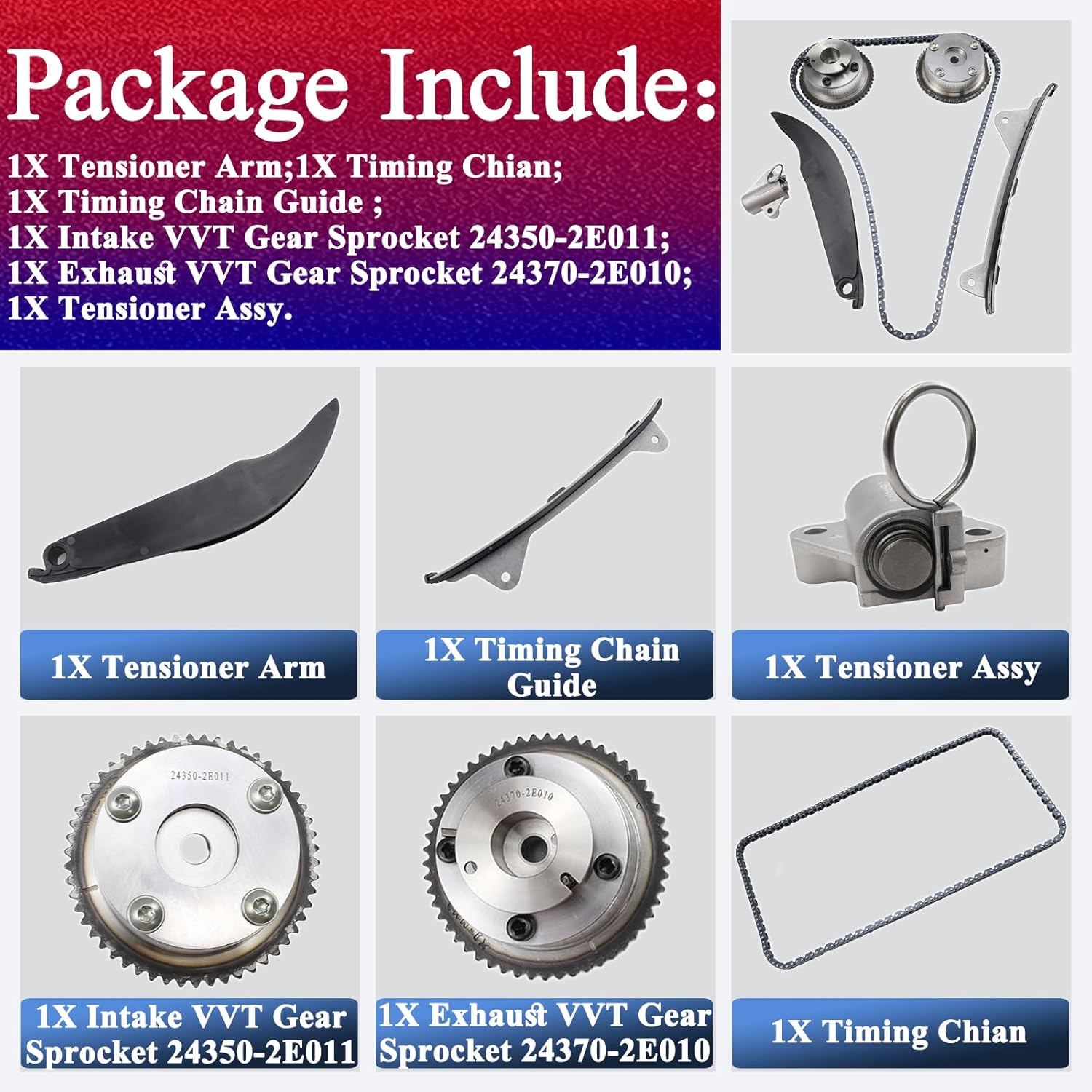 Timing Chain Kit W/VVT Sprocket 24321-2E010 24350-2E011 24370-2E010 6mm Chain Teeth For Hyundai Kia Soul Forte Cerato Tucson Forte5 2.0L YEARS 2017-2020 243502E011 243212E010 243702E010